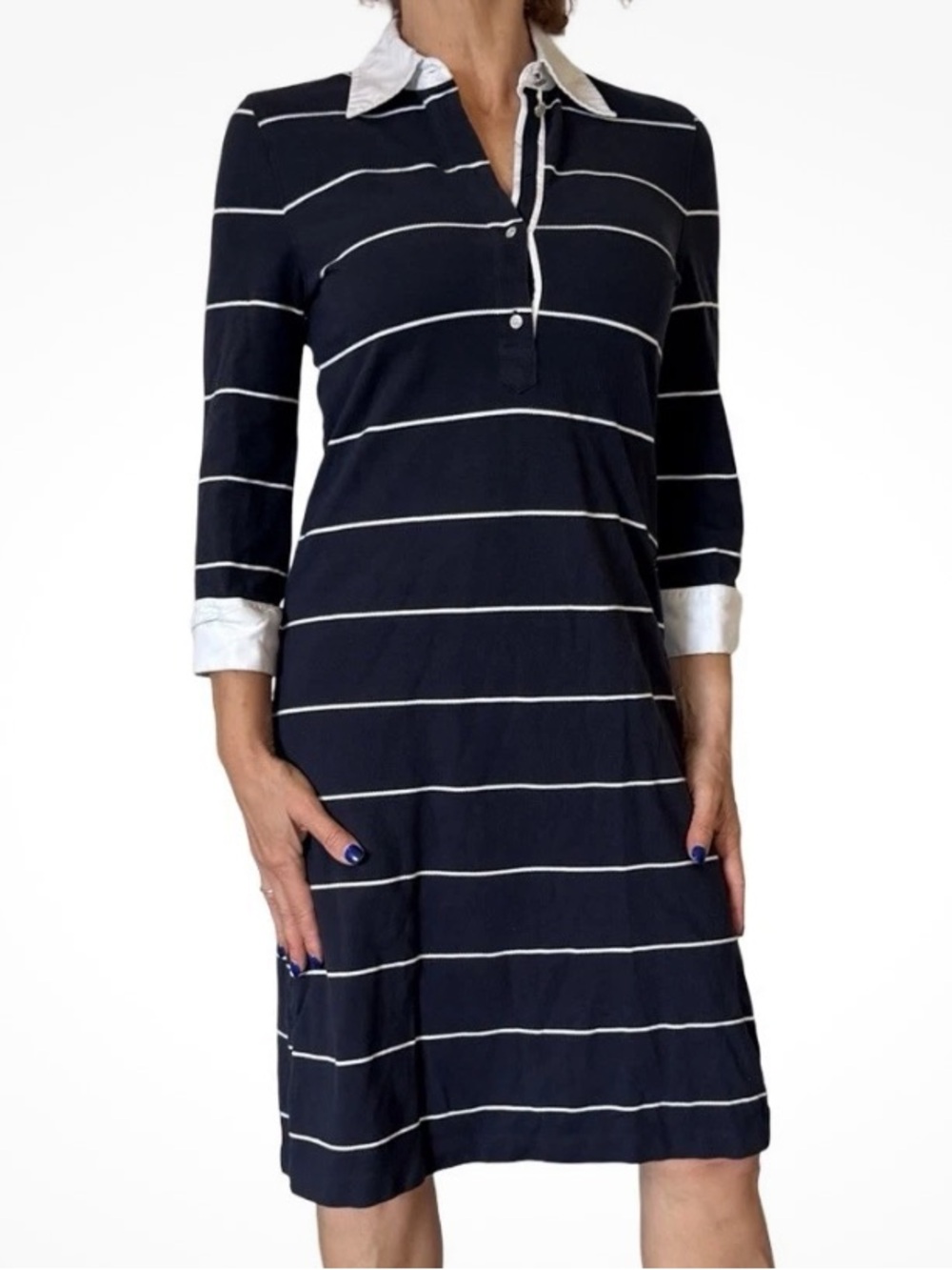 Brooks Brothers Navy White Striped Nautical Polo Dress Pique Knit Preppy Small